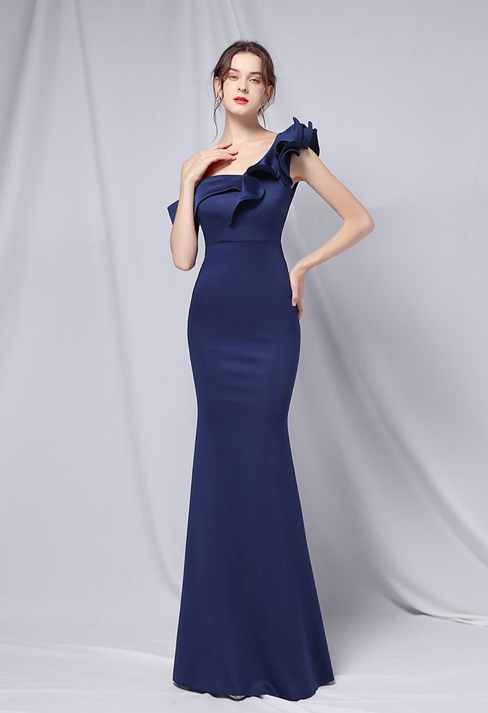 Ruffle One-Shoulder Mermaid Satin Gown in Navy