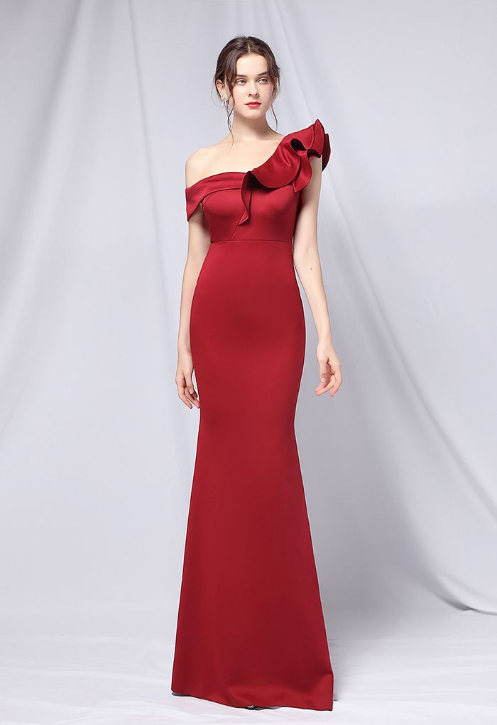 Ruffle One-Shoulder Mermaid Satin Gown in Burgundy