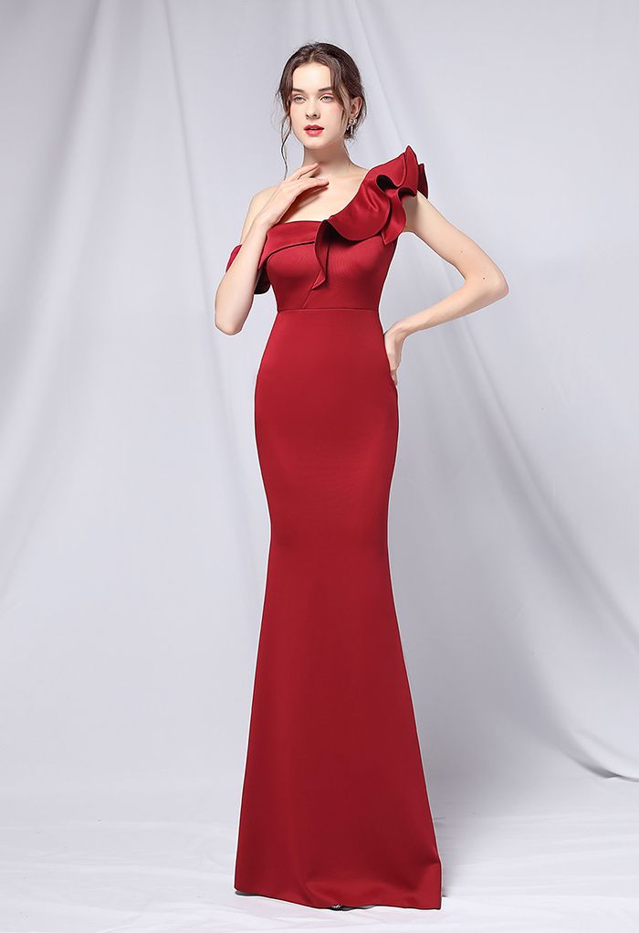 Ruffle One-Shoulder Mermaid Satin Gown in Burgundy