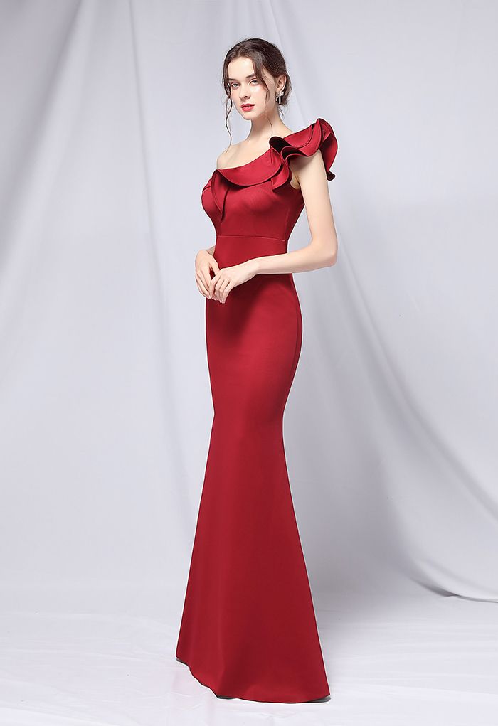 Ruffle One-Shoulder Mermaid Satin Gown in Burgundy