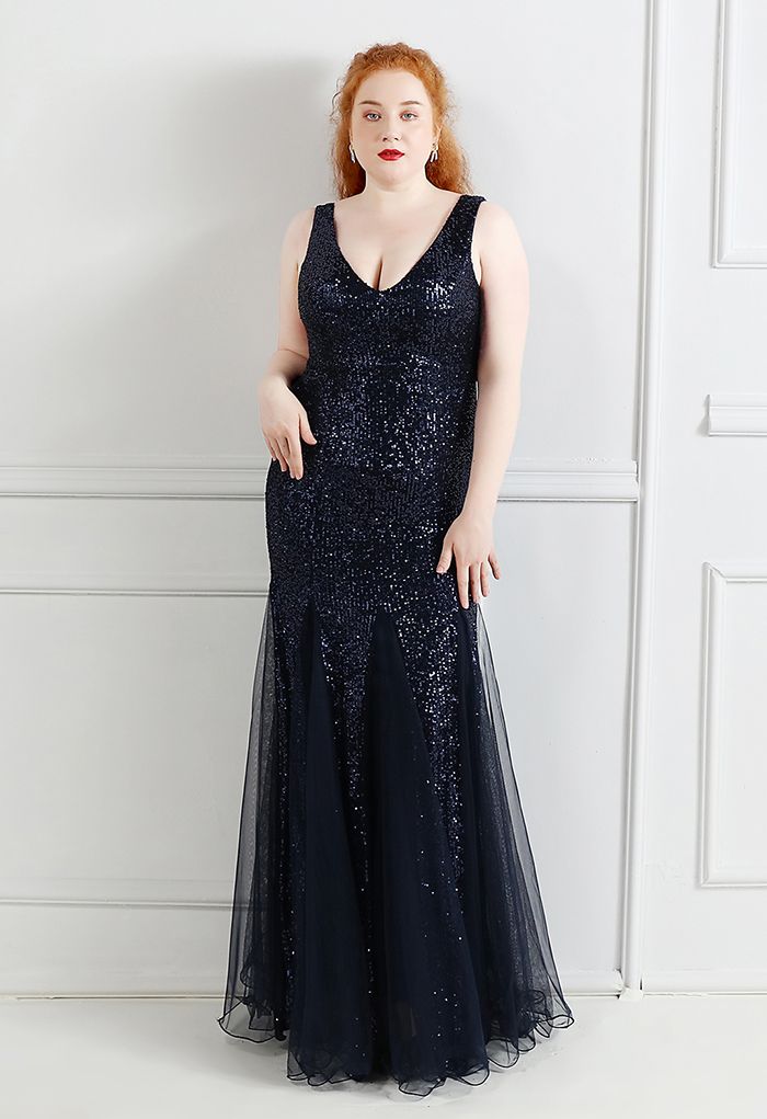 Mesh Panelled Sequined Mermaid Gown in Navy