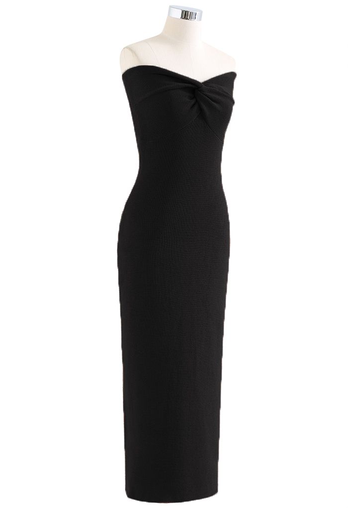 Knotted Front Fitted Knit Dress in Black