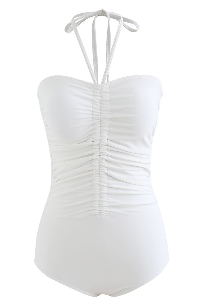 Halter Neck Ruched Front Swimsuit in White