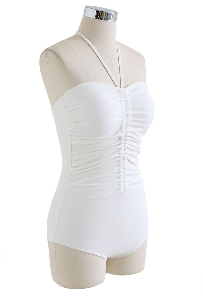 Halter Neck Ruched Front Swimsuit in White