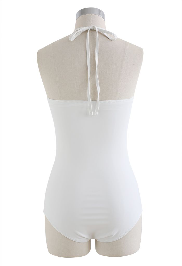 Halter Neck Ruched Front Swimsuit in White