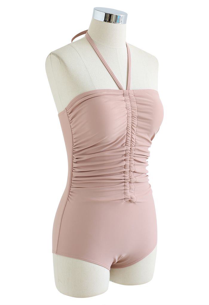 Halter Neck Ruched Front Swimsuit in Nude Pink