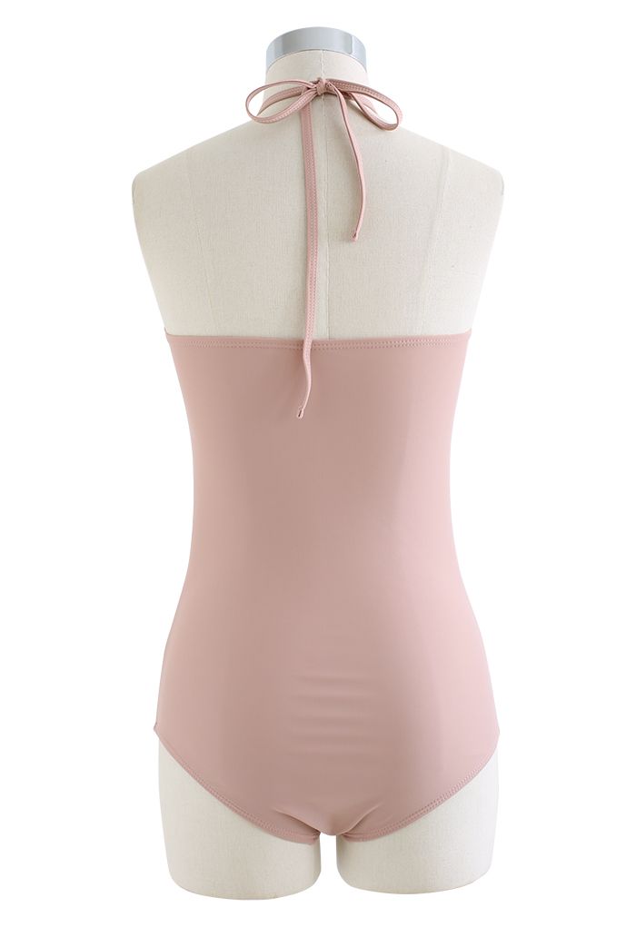 Halter Neck Ruched Front Swimsuit in Nude Pink