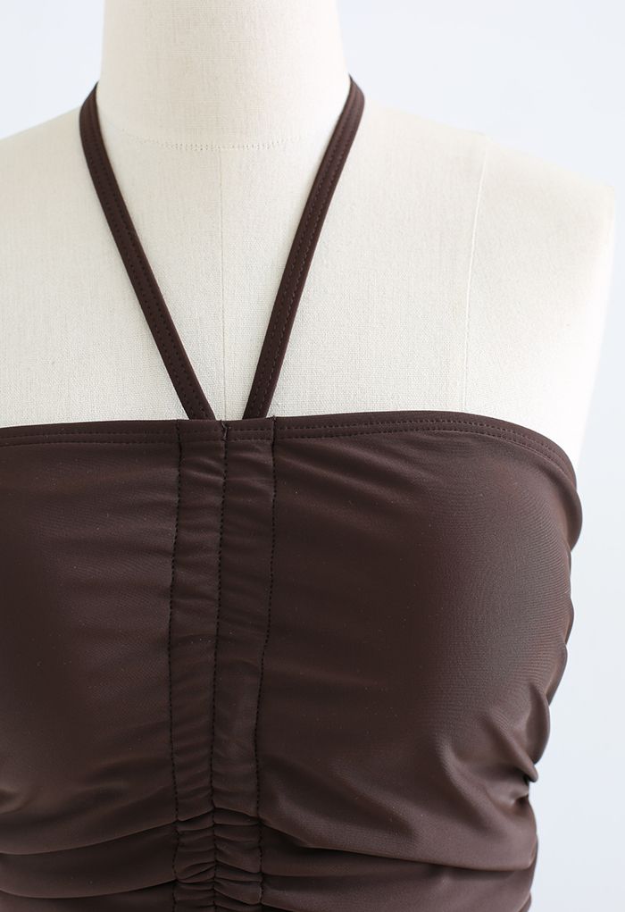 Halter Neck Ruched Front Swimsuit in Brown