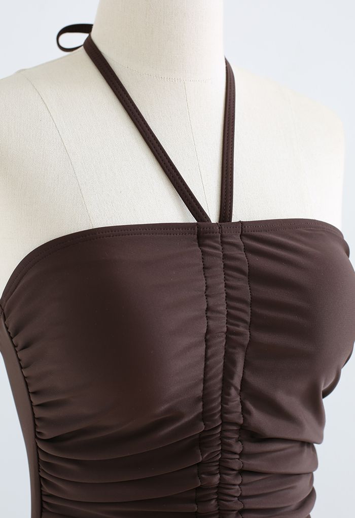 Halter Neck Ruched Front Swimsuit in Brown