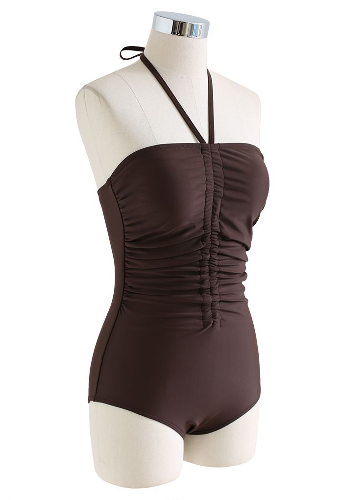 Halter Neck Ruched Front Swimsuit in Brown