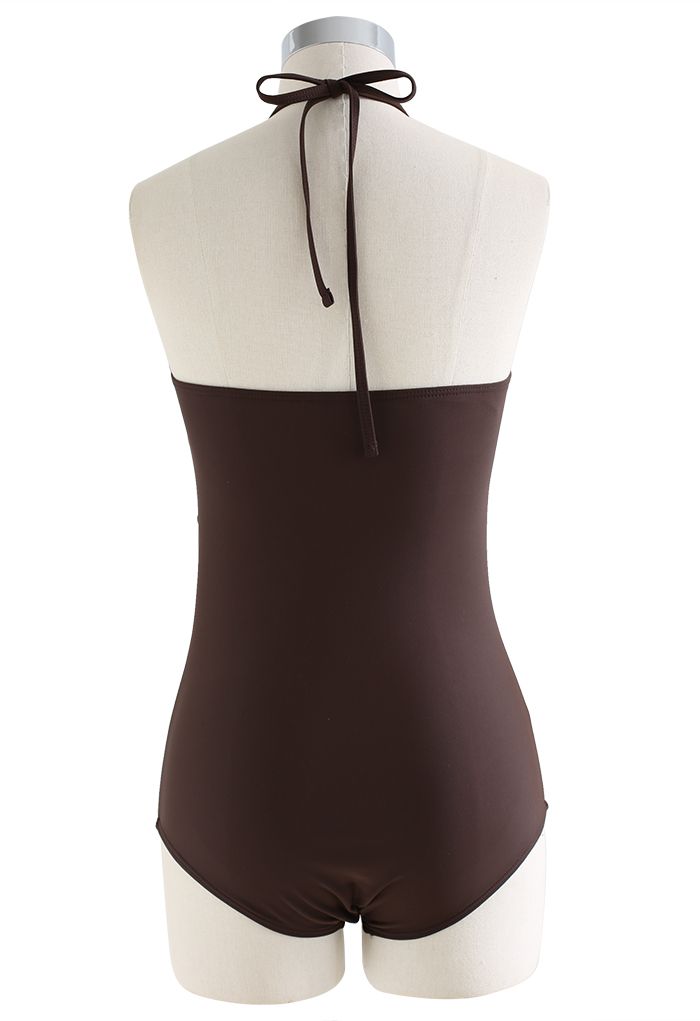 Halter Neck Ruched Front Swimsuit in Brown