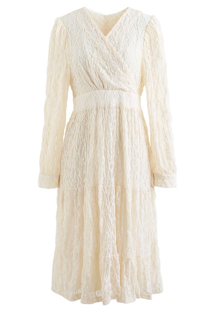 Full Lace Solid Color Wrap Dress in Cream