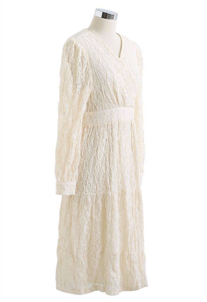 Full Lace Solid Color Wrap Dress in Cream