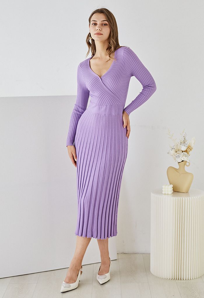 Soft Knit Solid Color Wrap Midi Dress