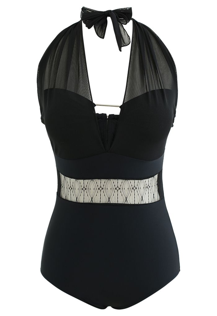 Translucent Waist Mesh Spliced Swimsuit in Black