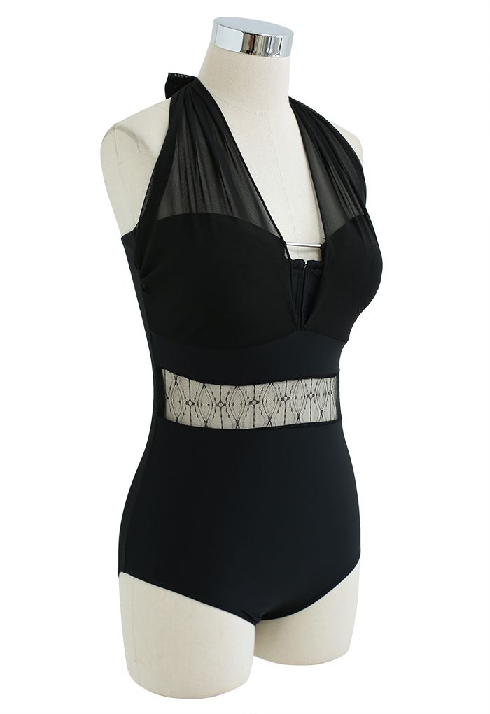 Translucent Waist Mesh Spliced Swimsuit in Black