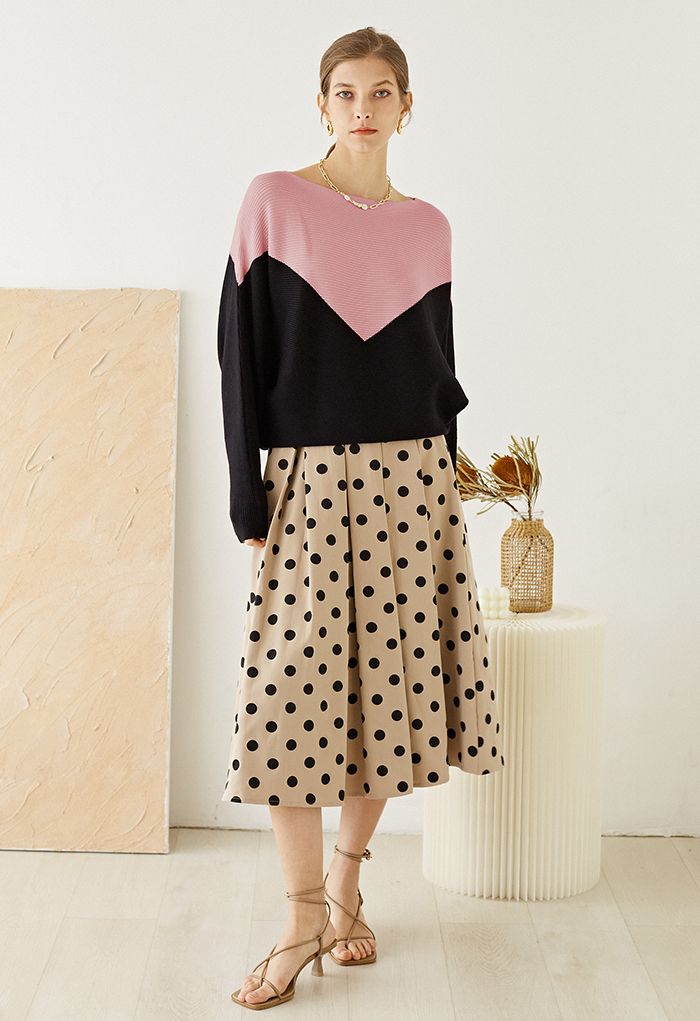 Two-Tone Boat Neck Batwing Sleeve Sweater in Pink