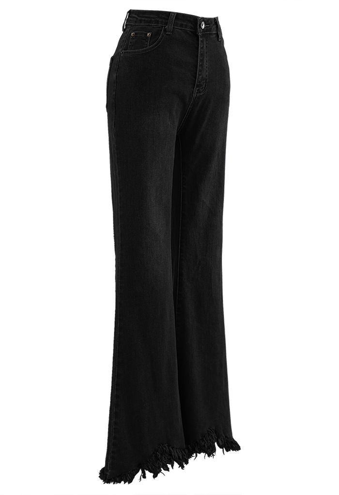 Tassel Hem Classic Pocket Flare Jeans in Black