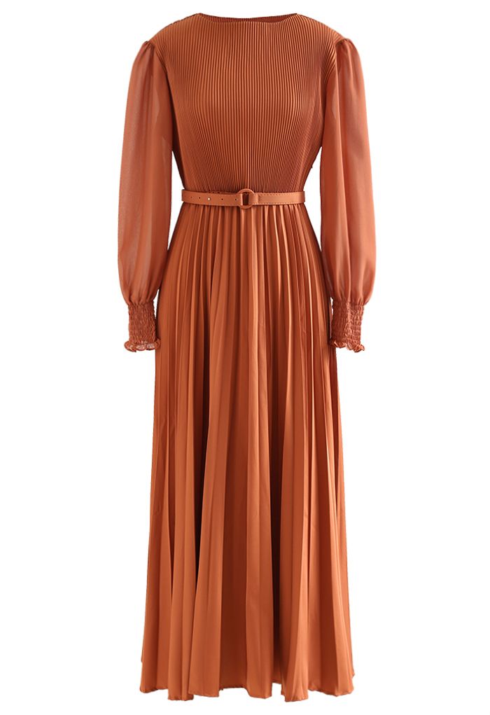 Full Pleated Belted Maxi Dress in Pumpkin