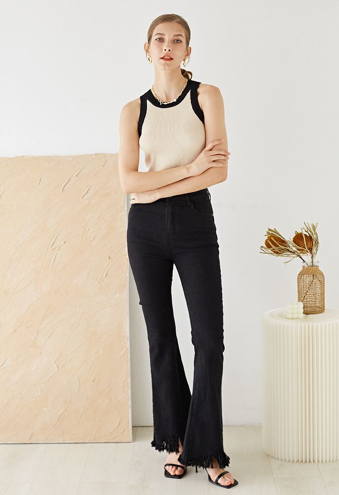 Tassel Hem Classic Pocket Flare Jeans in Black