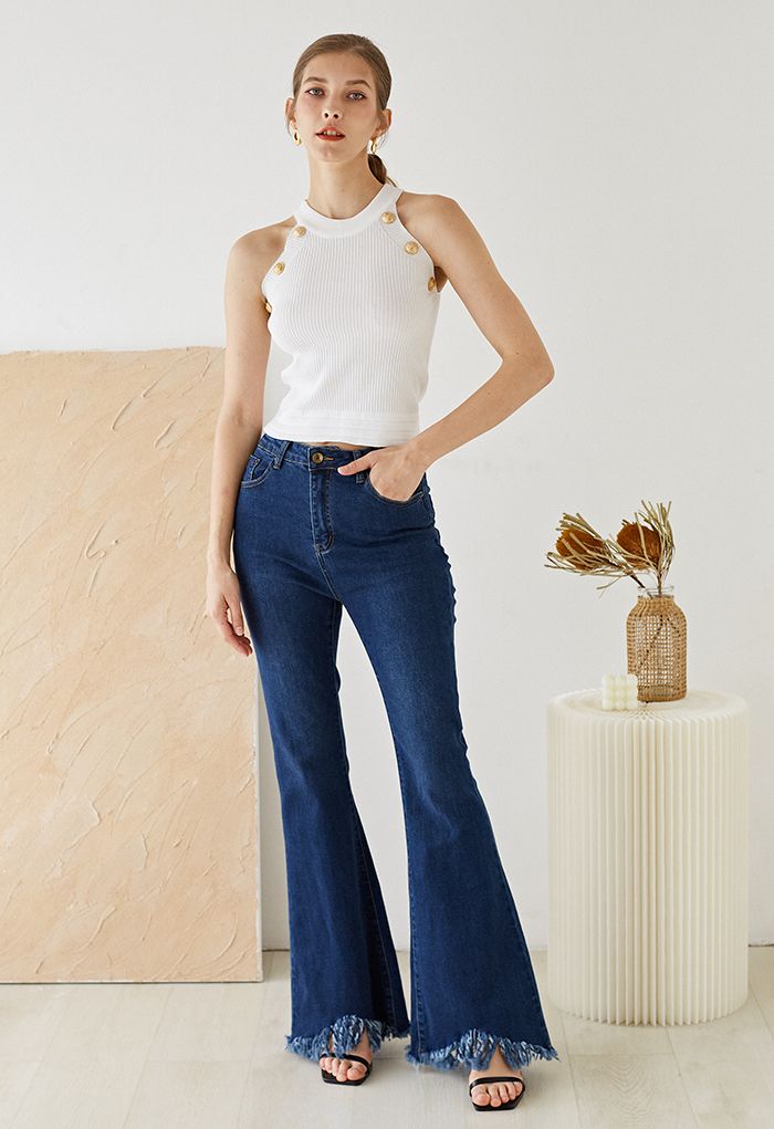 Tassel Hem Classic Pocket Flare Jeans in Navy