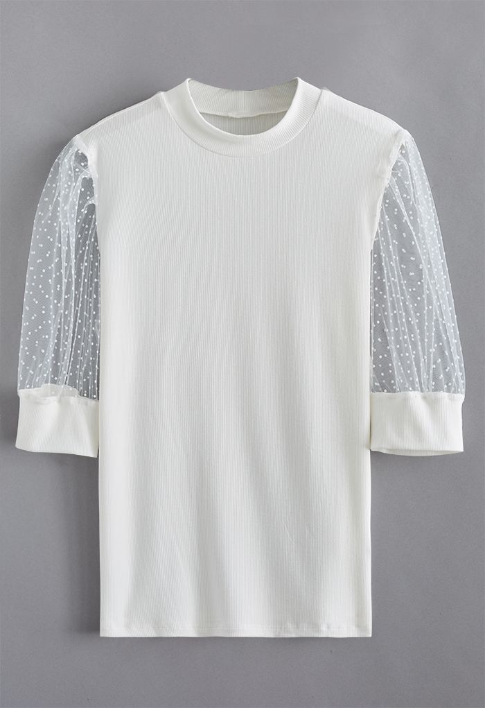 Flock Dots Elbow Sleeves Ribbed Top in White