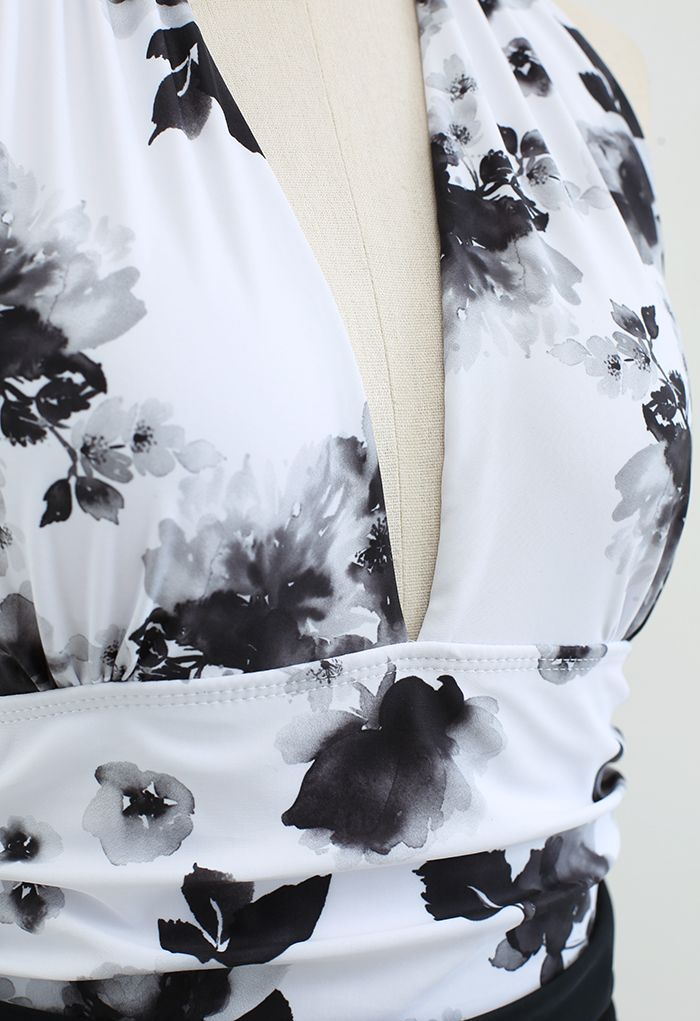 Inky Flower Tie Neck Swimsuit