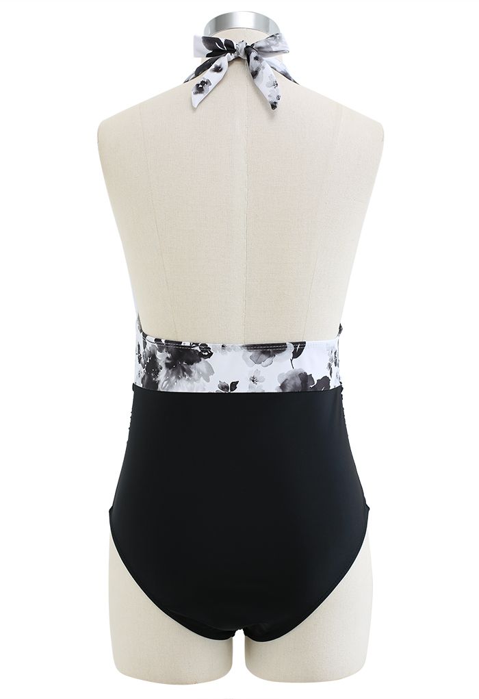 Inky Flower Tie Neck Swimsuit