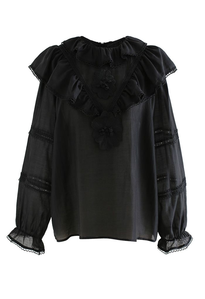 Tiered Doll Collar Floral Embroidered Shirt in Black