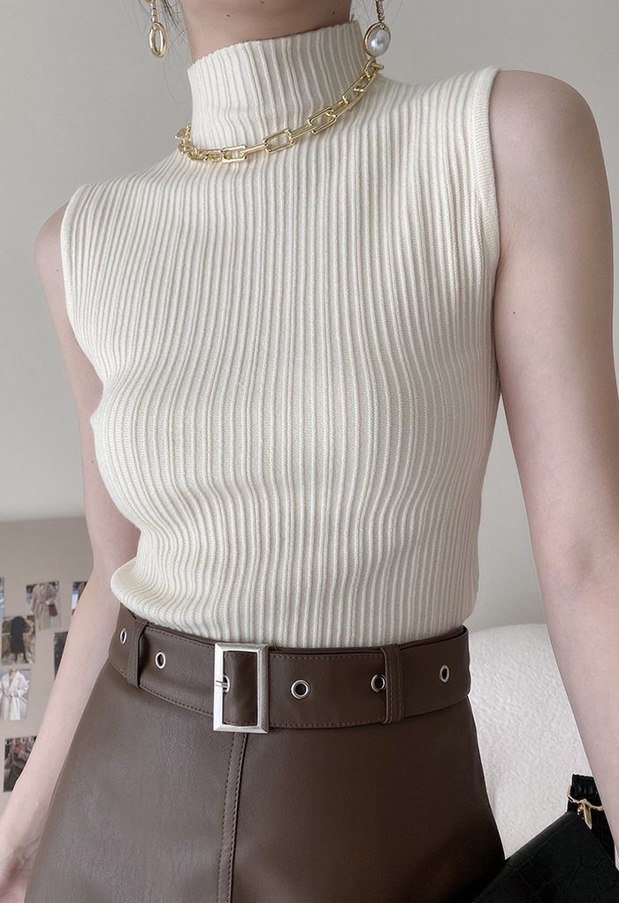 Mock Neck Sleeveless Textured Knit Top in White