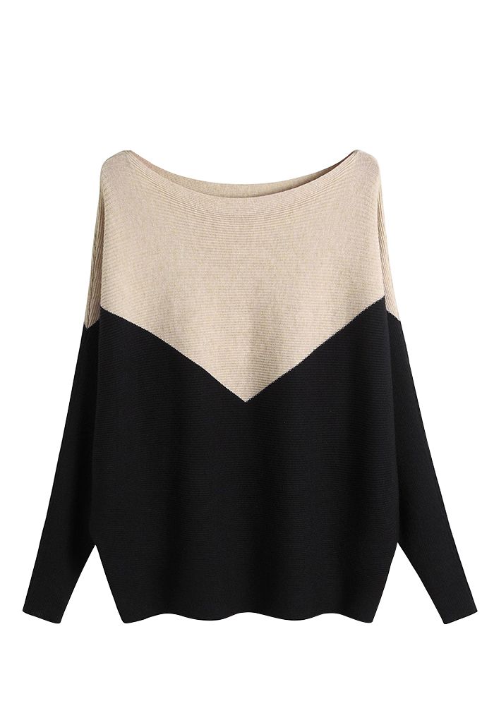 Two-Tone Boat Neck Batwing Sleeve Sweater in Camel