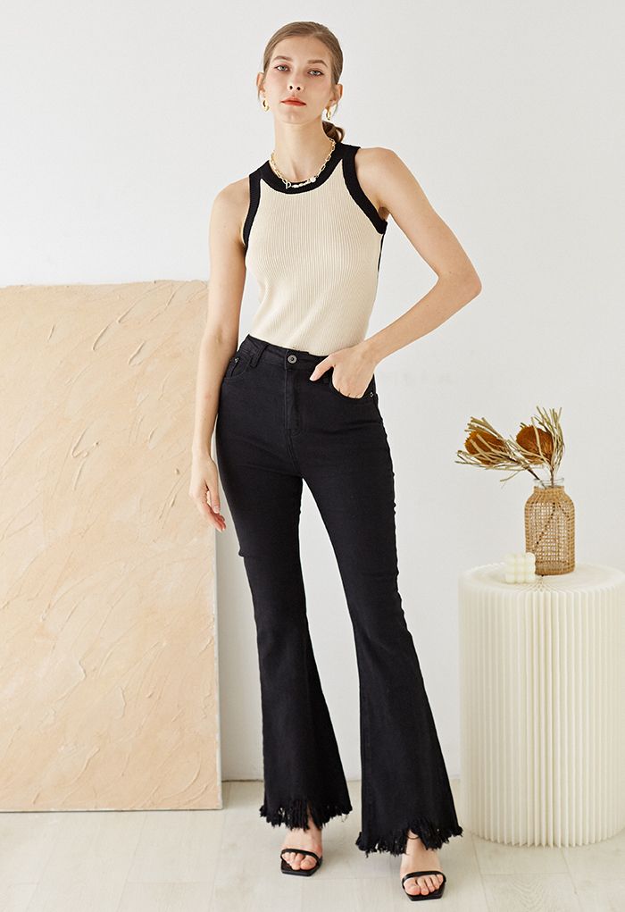 Tassel Hem Classic Pocket Flare Jeans in Black