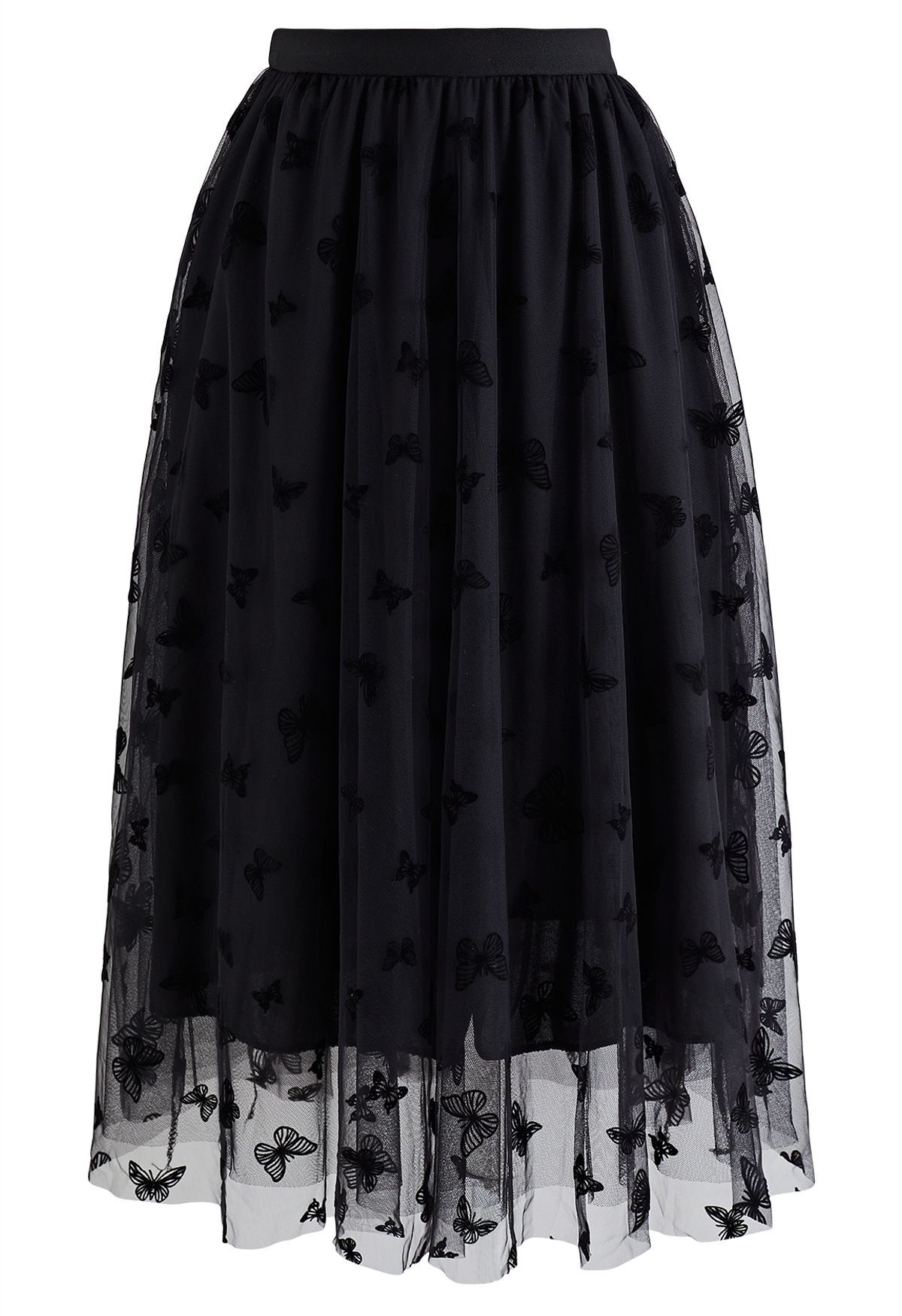 Velvet Butterfly Mesh Tulle Midi Skirt in Black