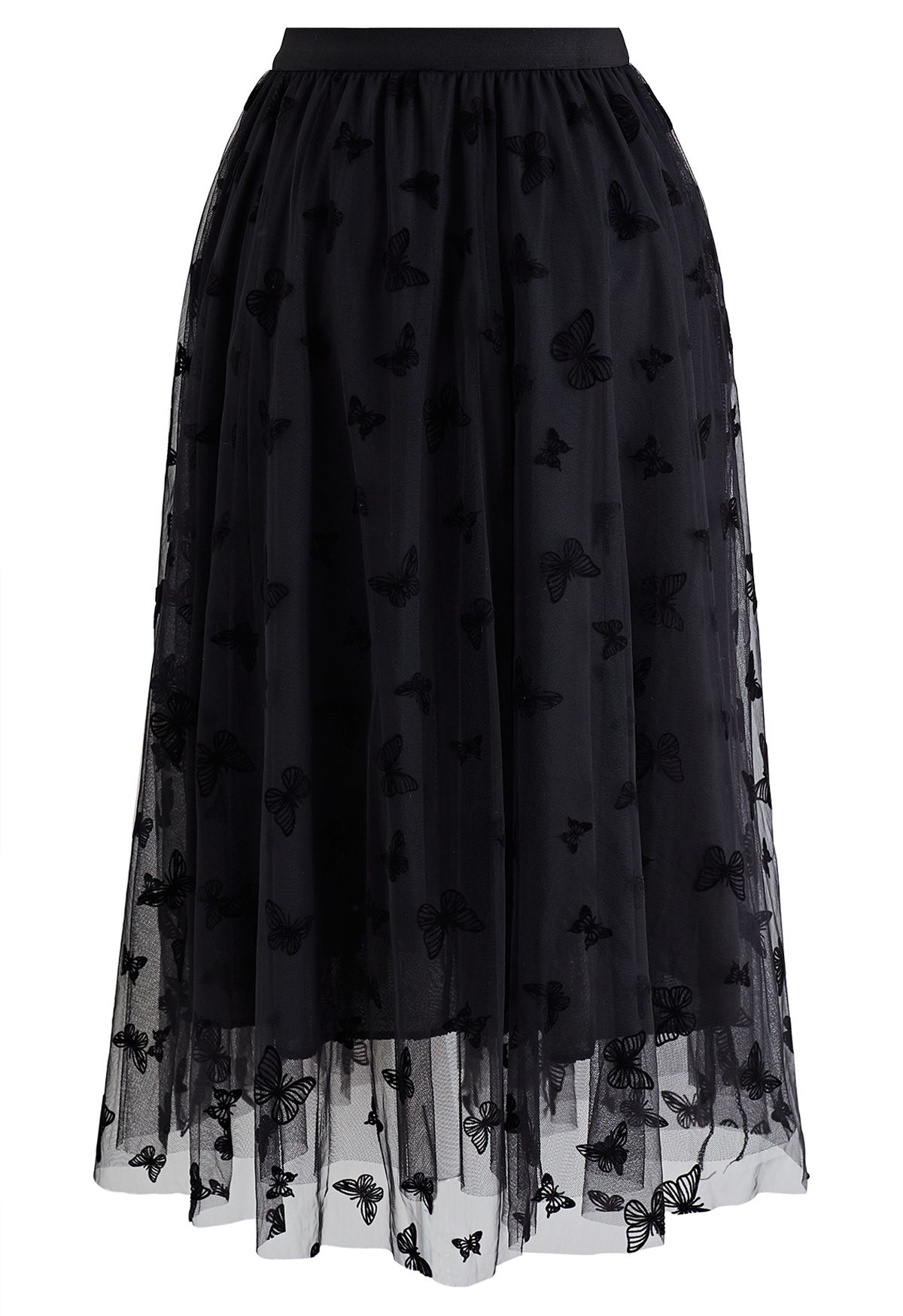 Velvet Butterfly Mesh Tulle Midi Skirt in Black