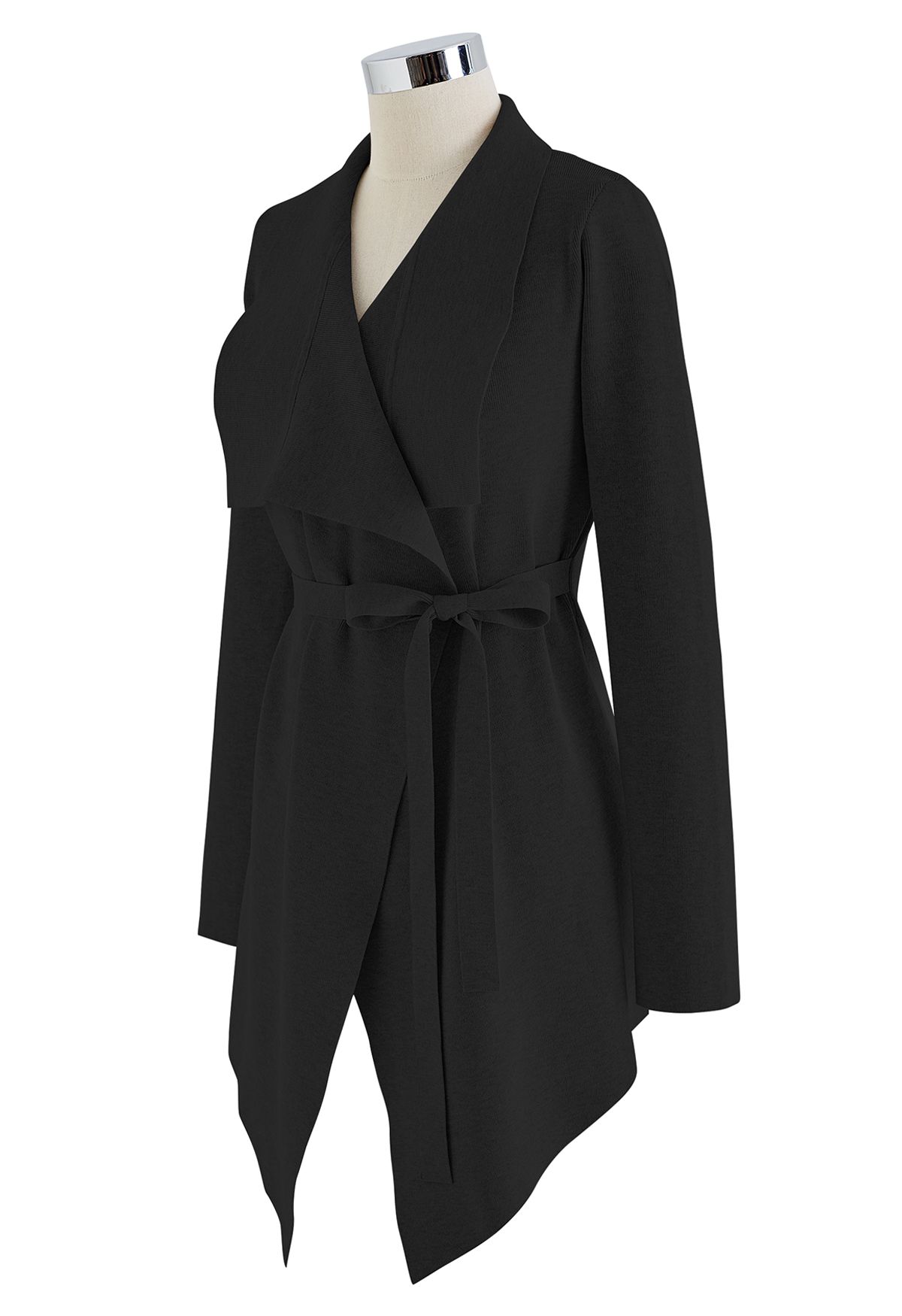 Wide Lapel Tie Waist Knit Cardigan in Black