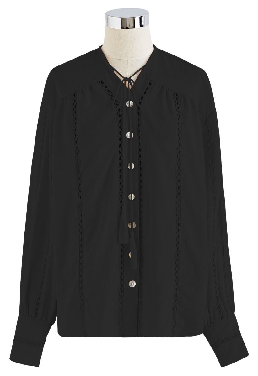 Hollow Out Tassel Shirt and Tiered Mini Skirt Set in Black