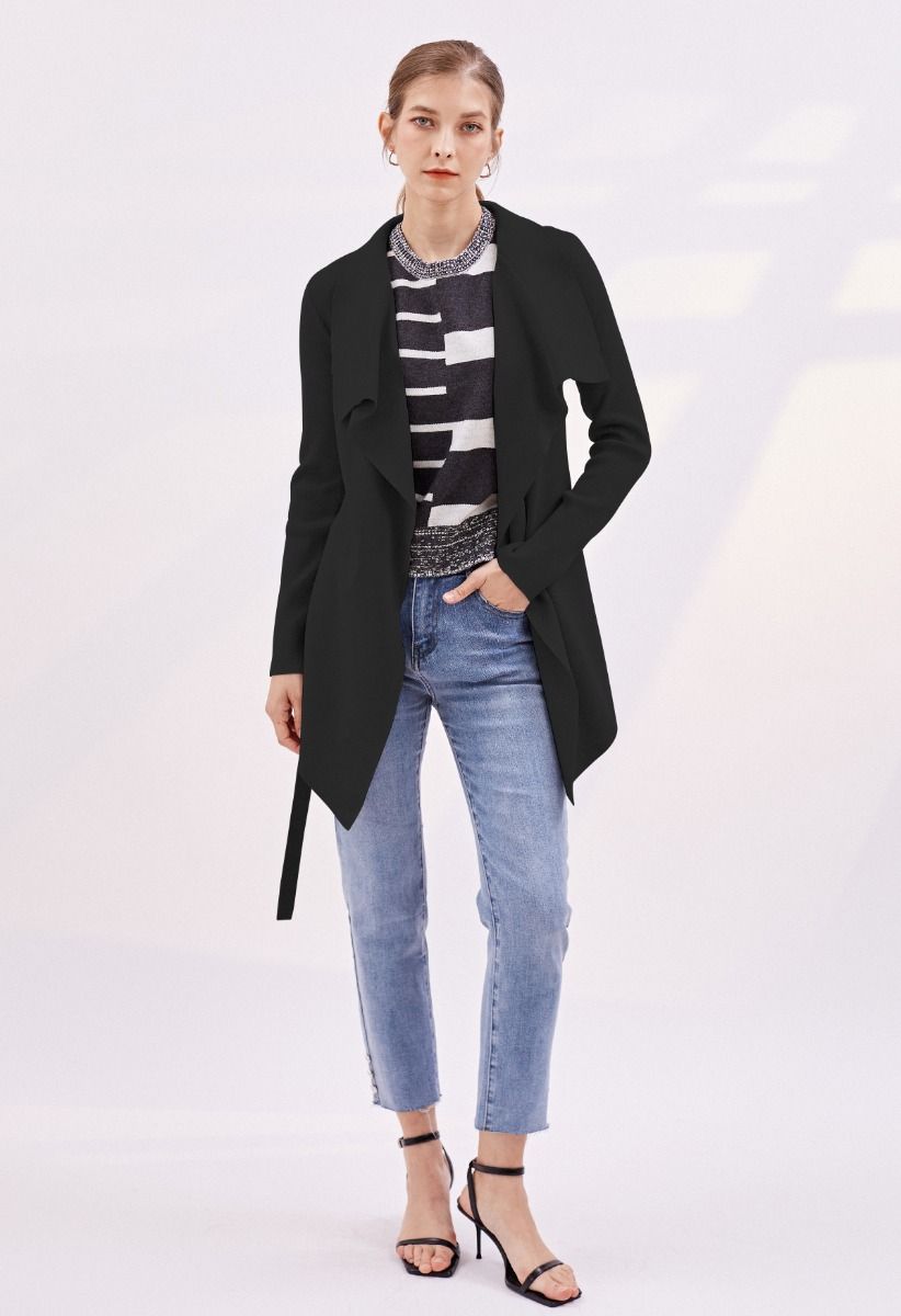 Wide Lapel Tie Waist Knit Cardigan in Black