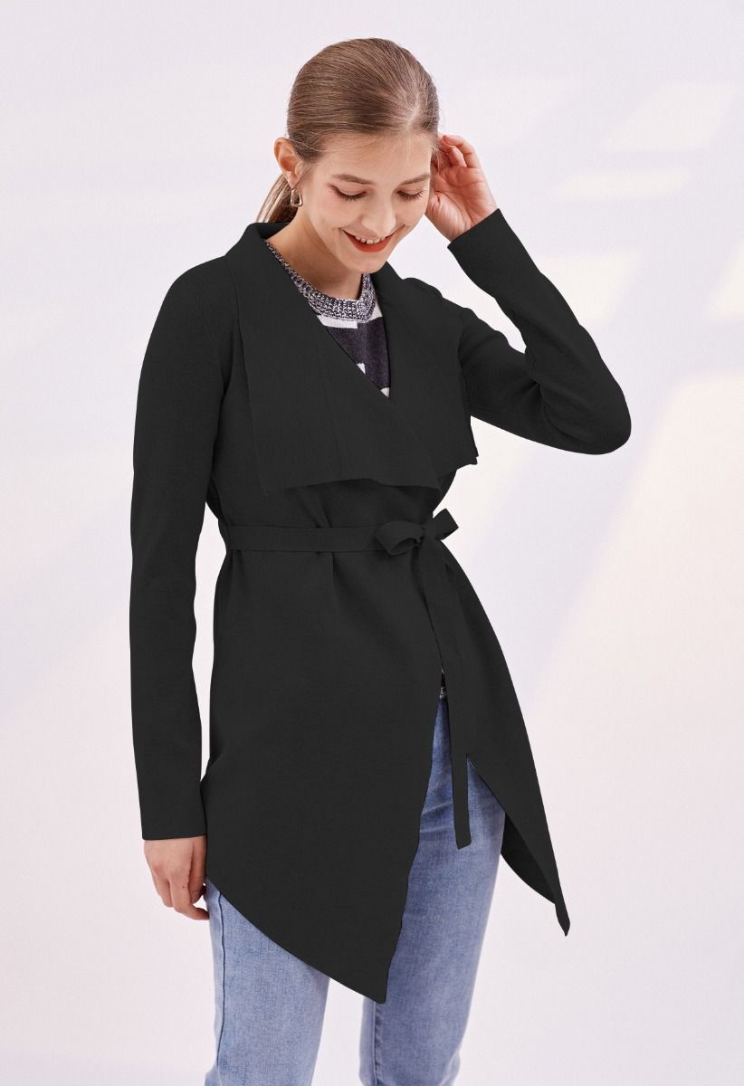 Wide Lapel Tie Waist Knit Cardigan in Black