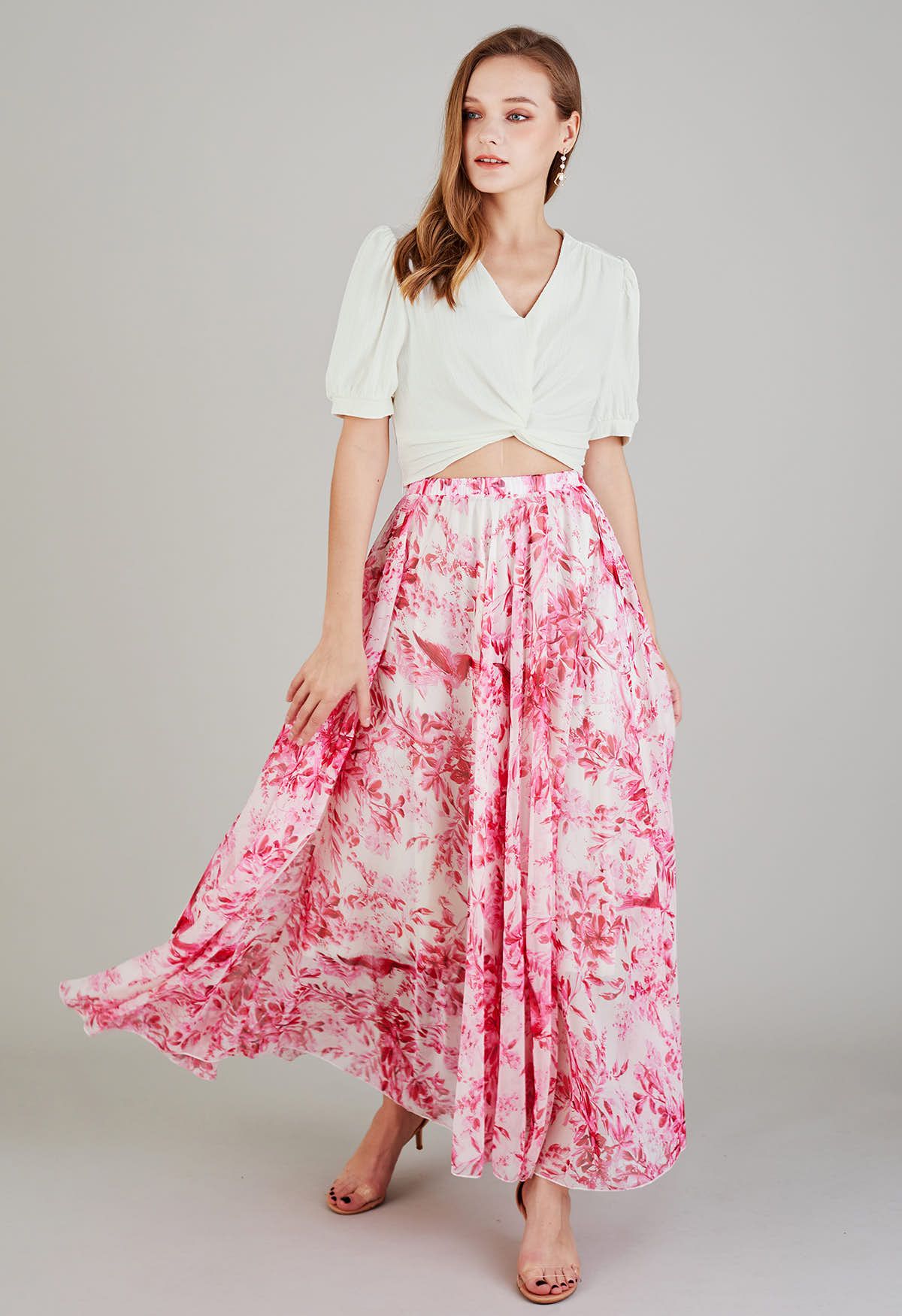 Summer Forest Printed Chiffon Maxi Skirt in Pink