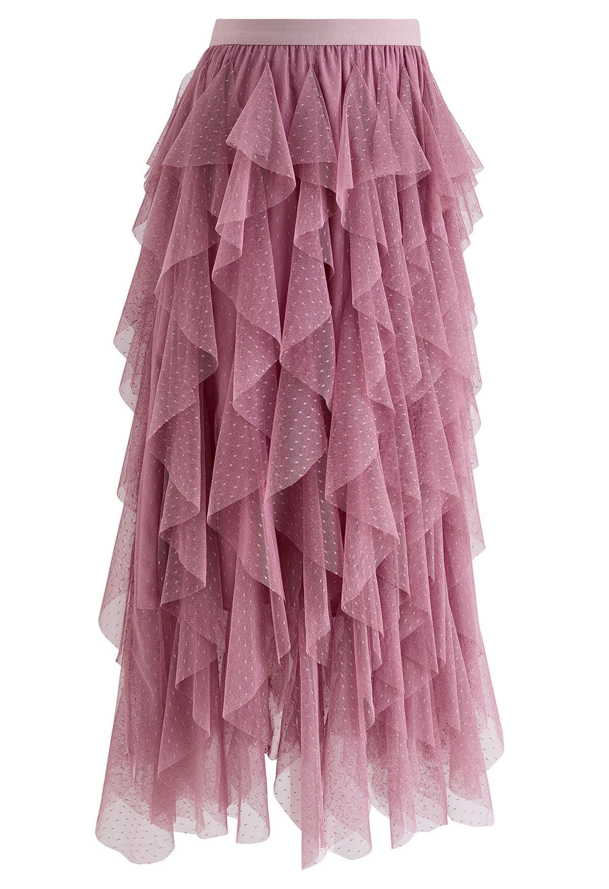 Dots Full Ruffled Tulle Skirt in Mauve