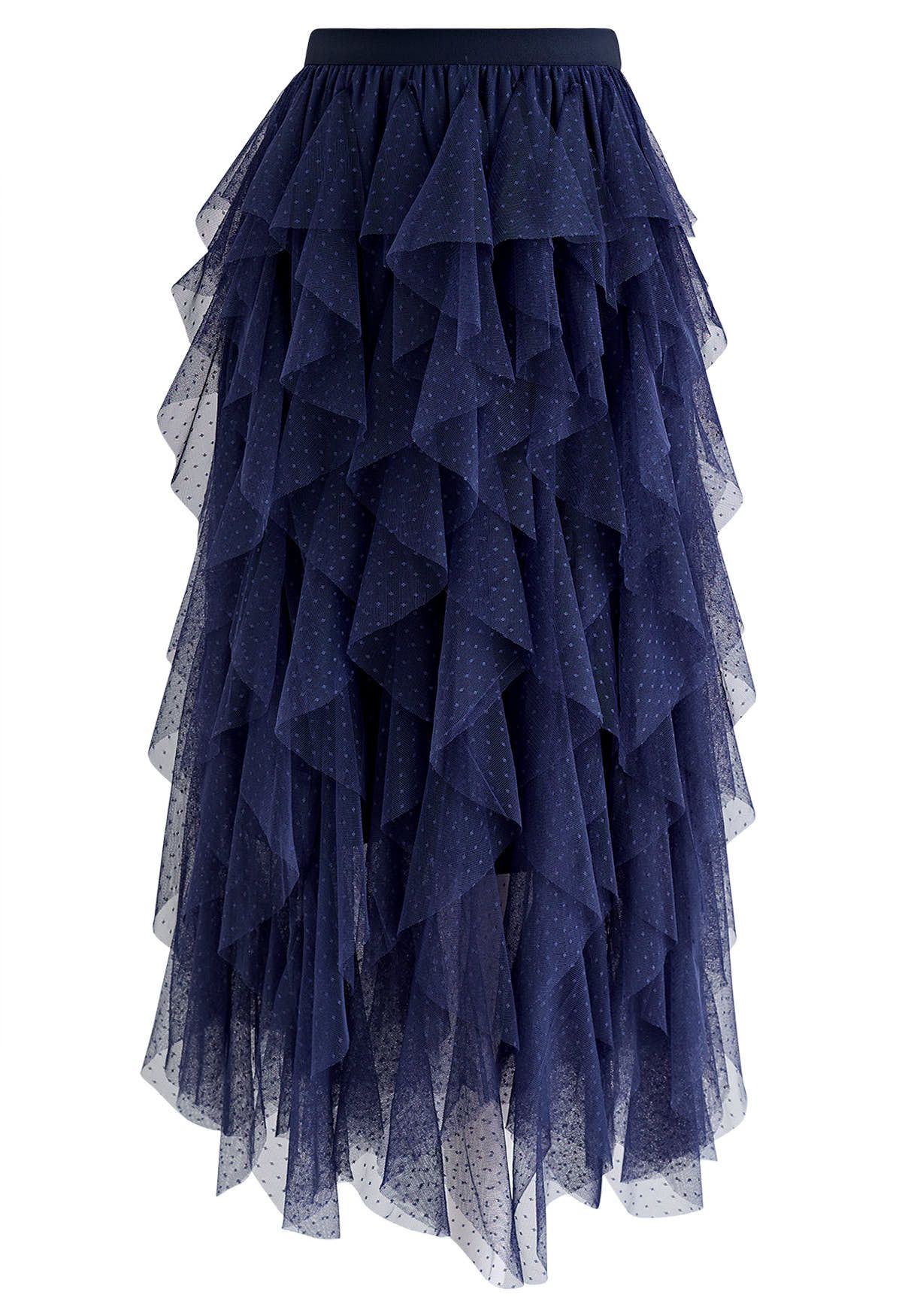 Dots Full Ruffled Tulle Skirt in Navy