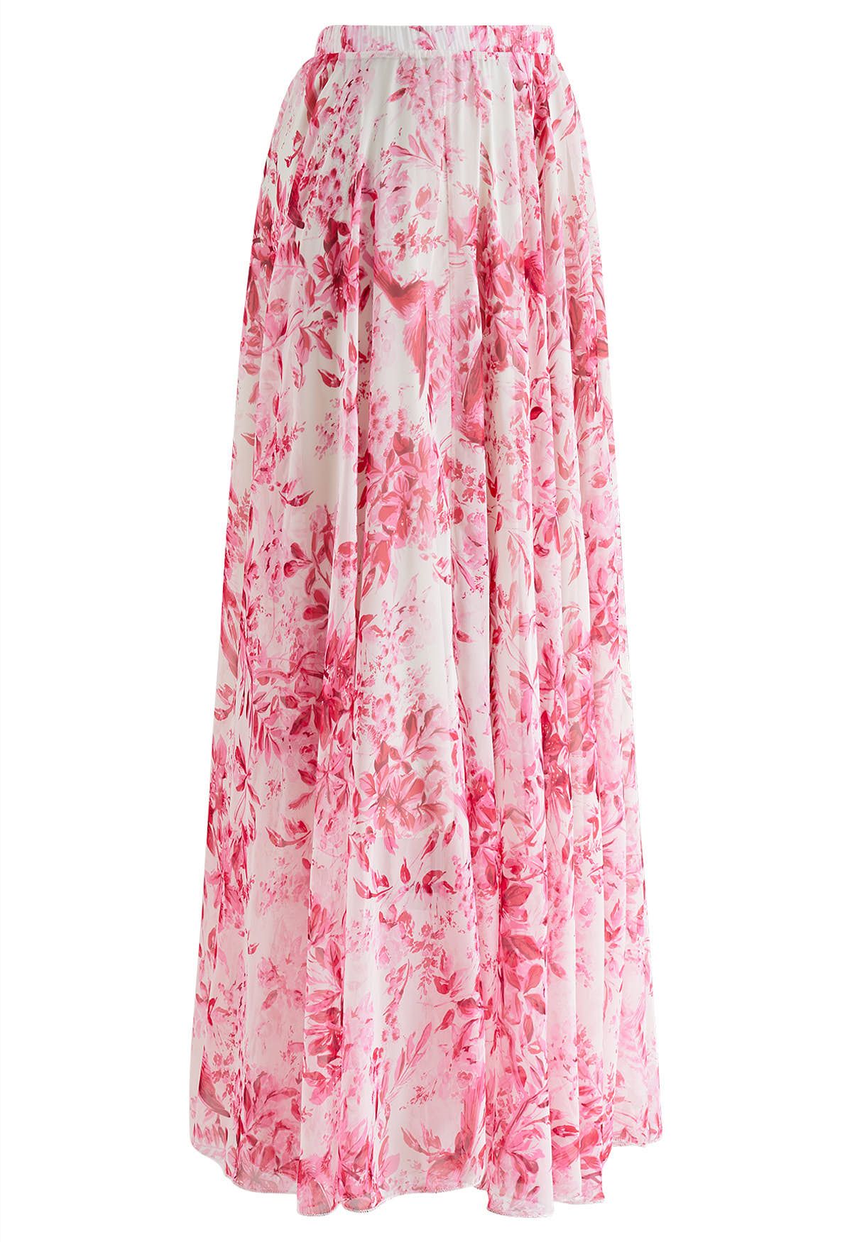 Summer Forest Printed Chiffon Maxi Skirt in Pink