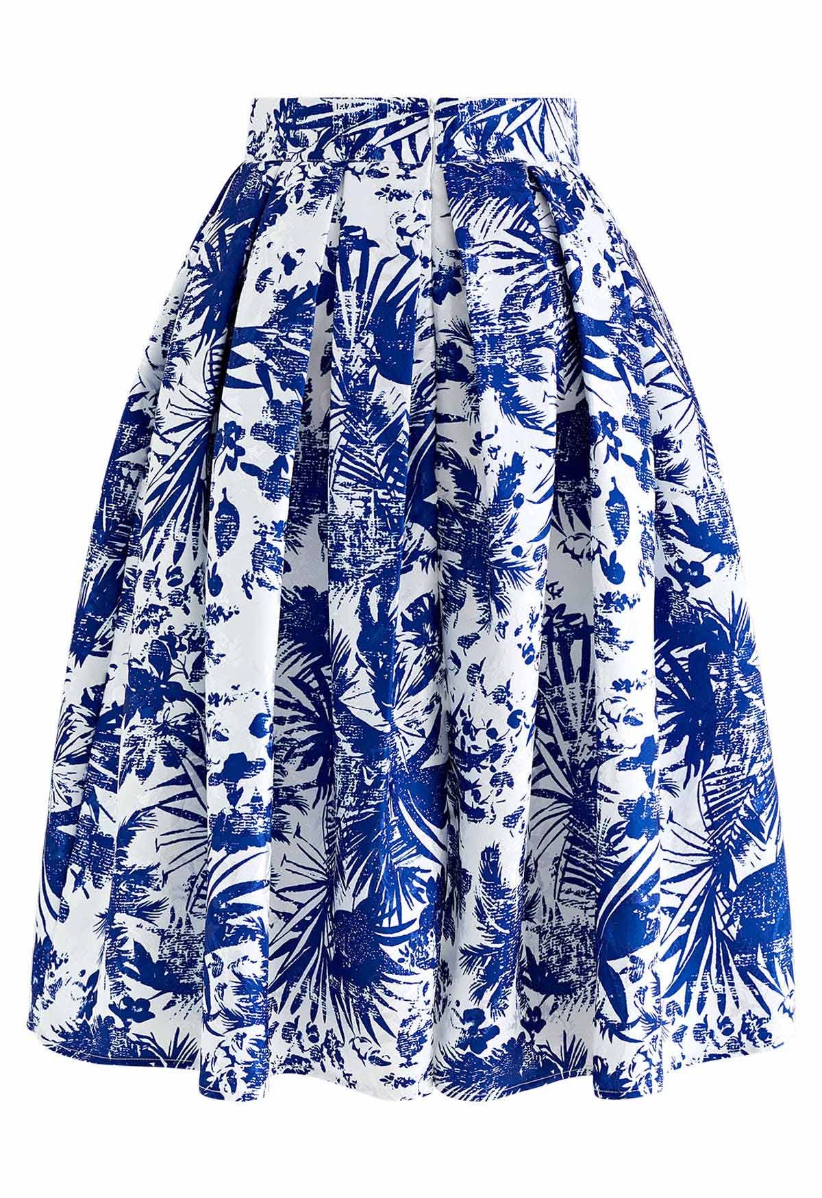 Tropical Groove Jacquard Pleated Midi Skirt in Navy