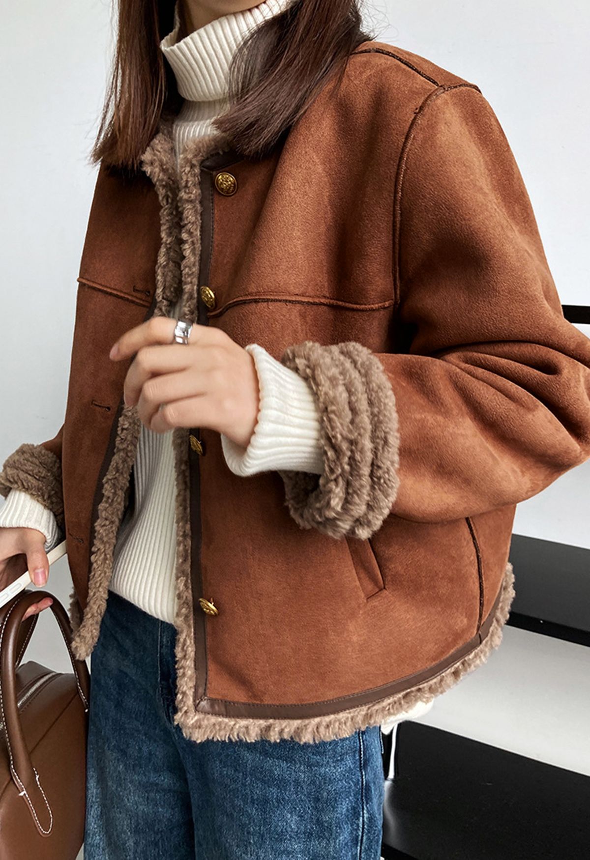 Collarless Suede Faux Fur Coat in Rust Red