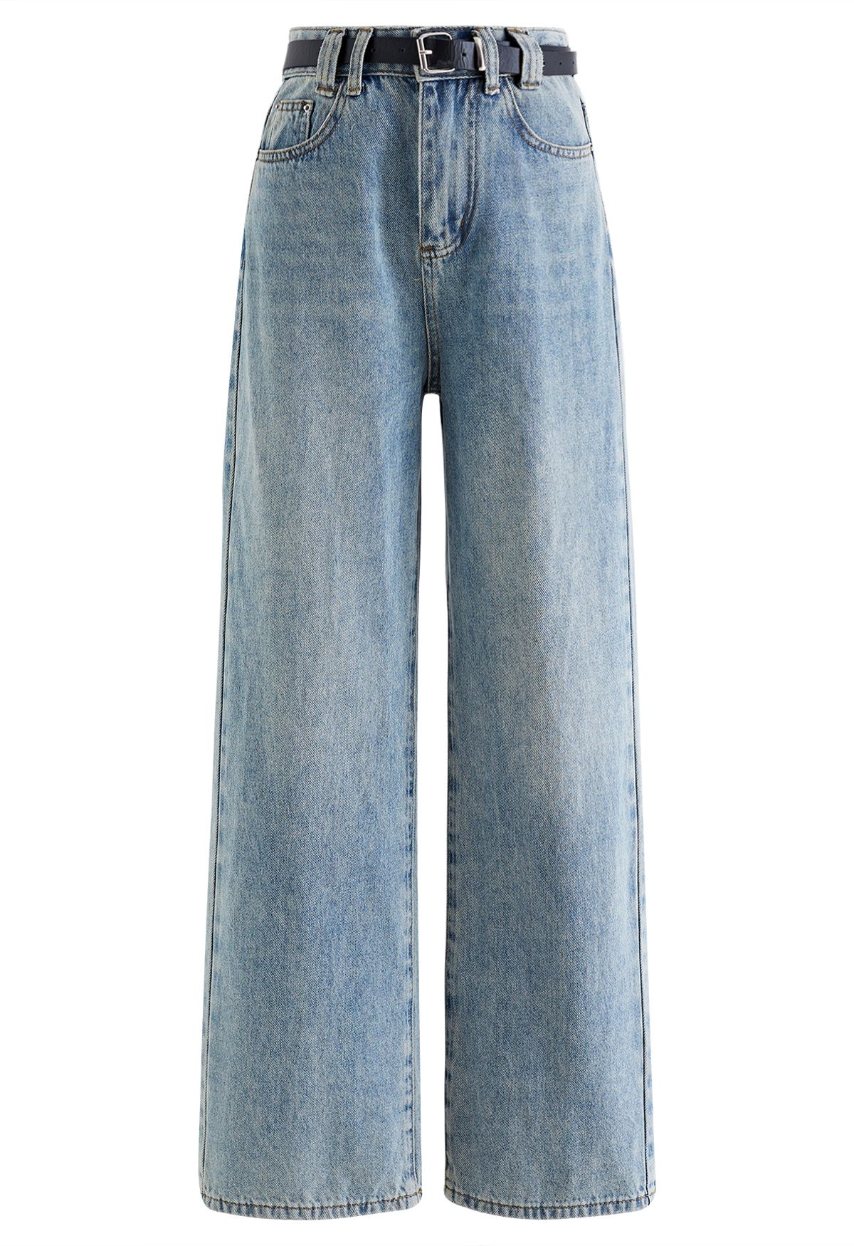 Distressed Straight-Leg Belted Jeans in Blue