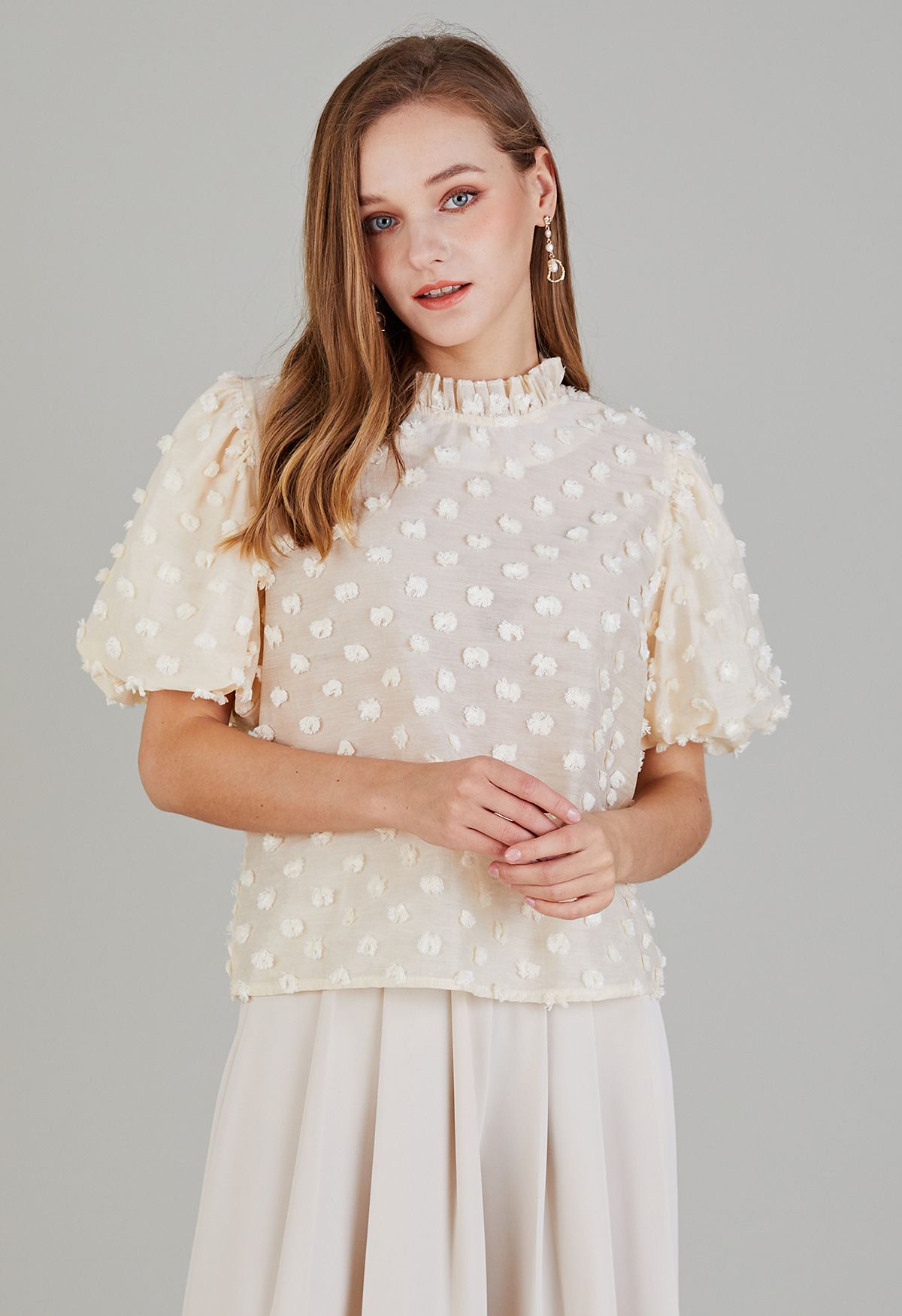 Cotton Candy Short Bubble Sleeve Dolly Top in Cream