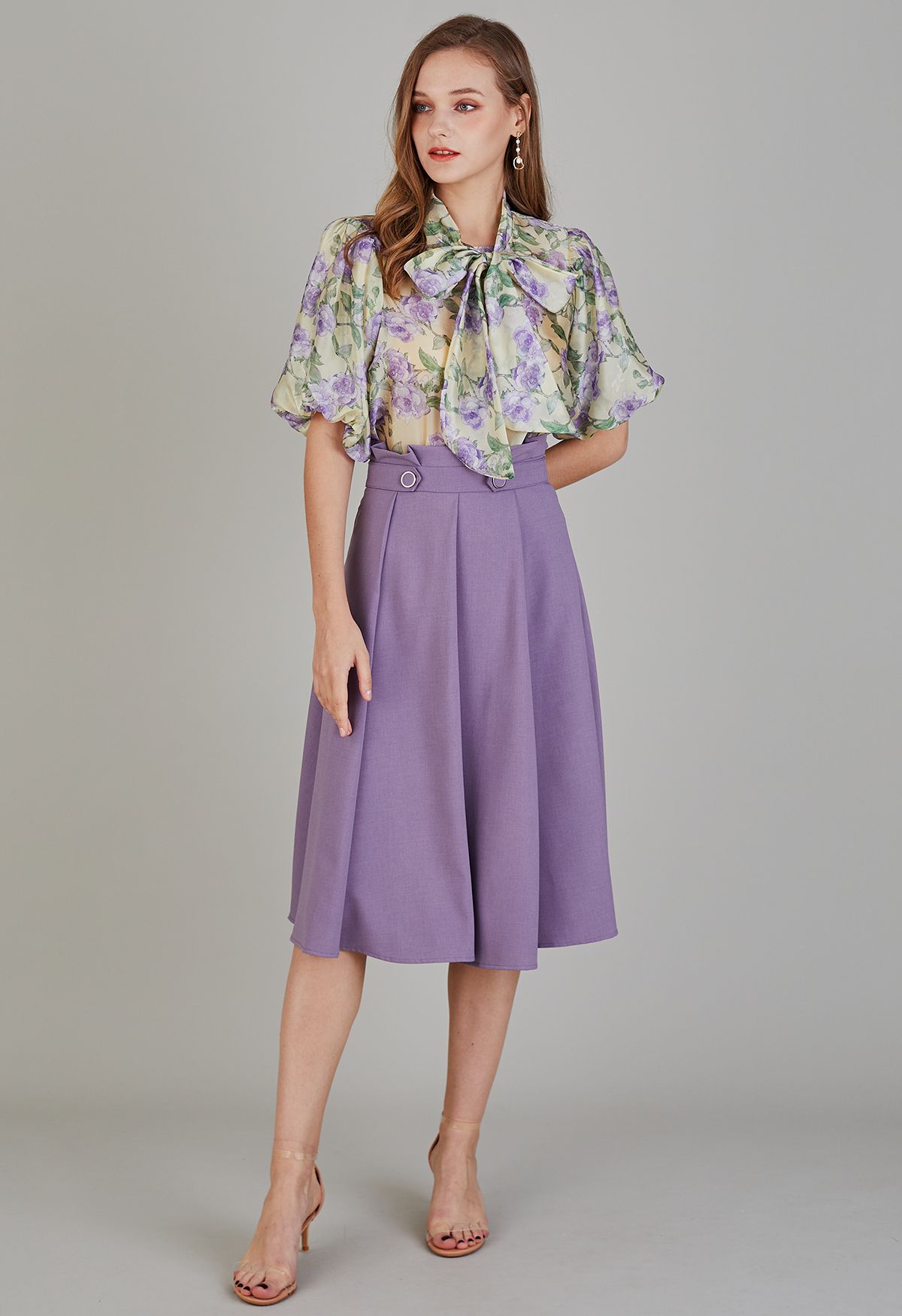 Pleated Buttoned Waist A-Line Midi Skirt in Lilac