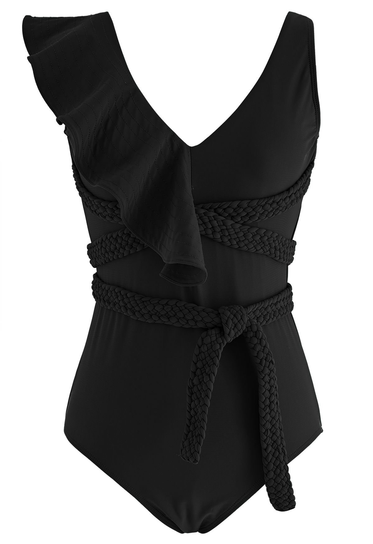 Braided Strap Ruffle Trim Swimsuit in Black