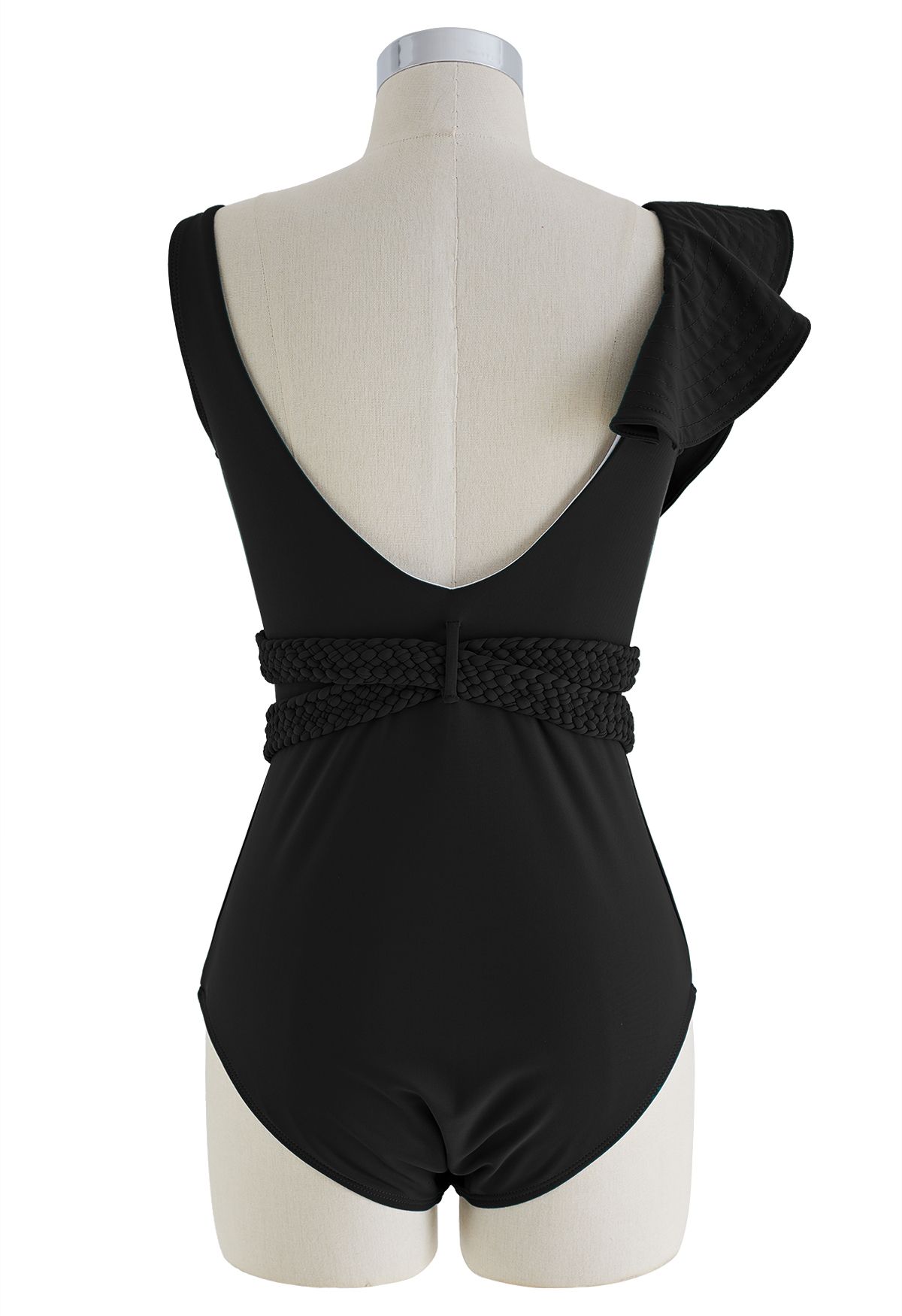 Braided Strap Ruffle Trim Swimsuit in Black