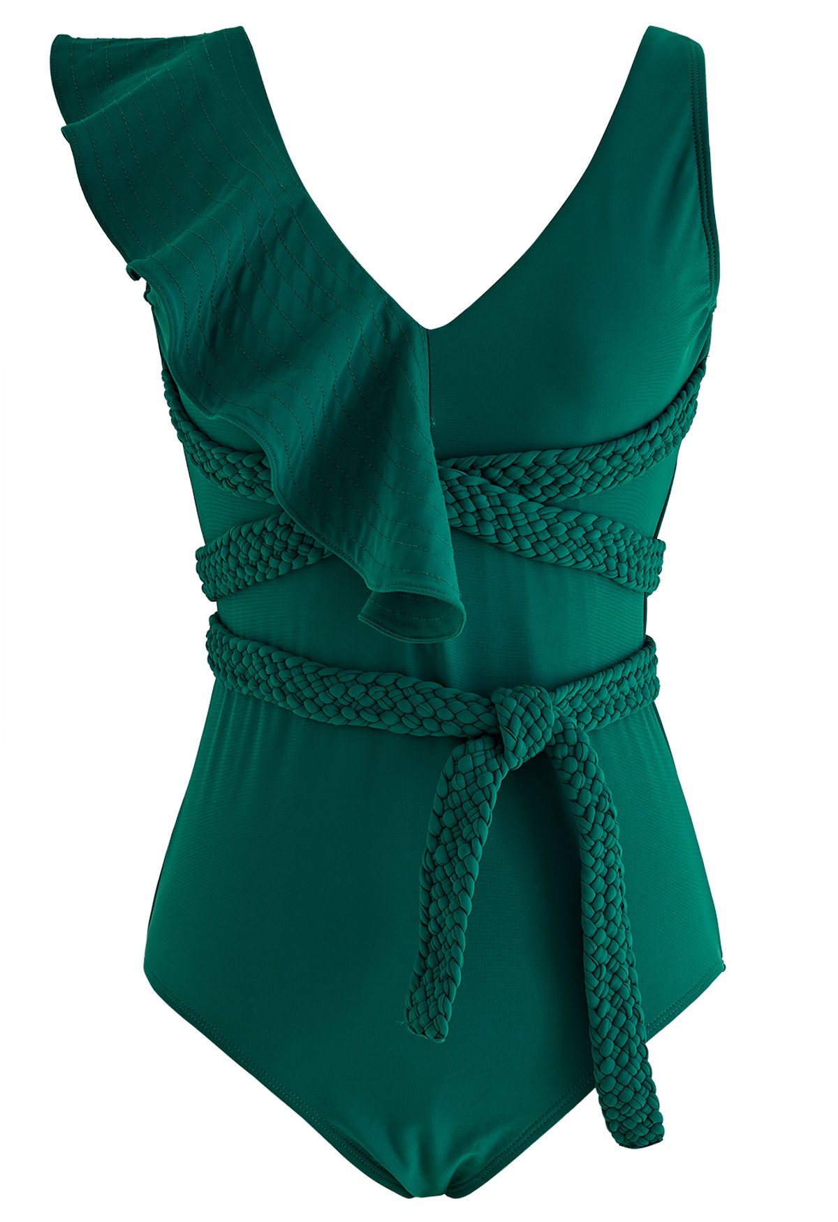 Braided Strap Ruffle Trim Swimsuit in Dark Green